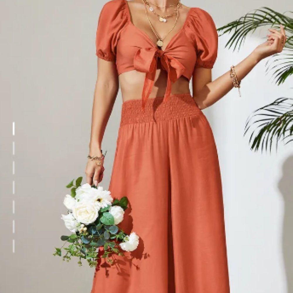 Women's Solid Color Tie Front Crop Top With Matching Wide Let Pants Set